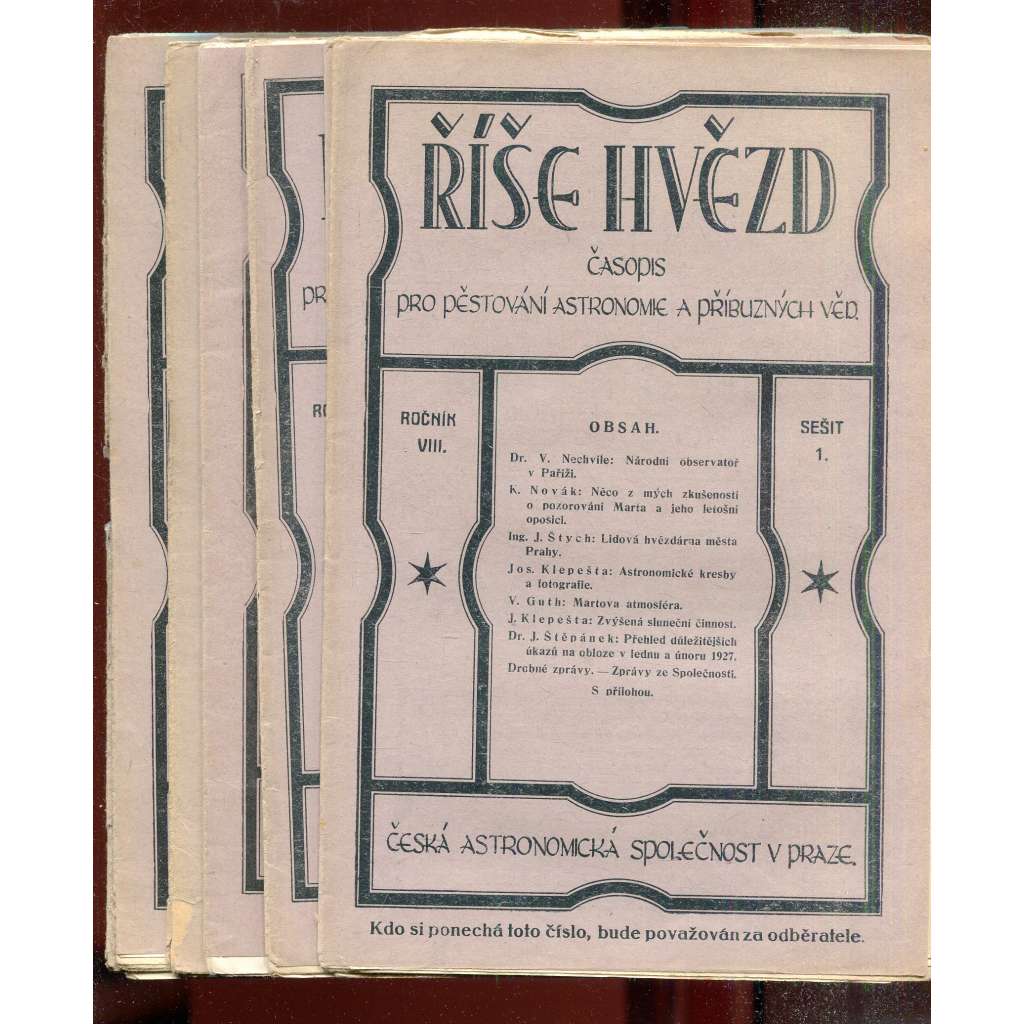 Říše hvězd, ročník VIII., čísla 1-10/1927 (hvězdy, hvězdářství, astronomie) - časopis Říše hvězd, ročník VIII., čísla 1-10/1927 (hvězdy, hvězdářství, astronomie) - časopis