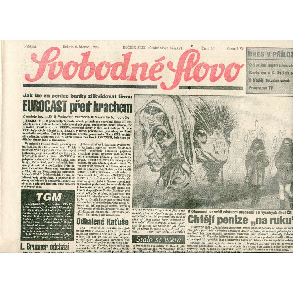 Svobodné slovo (6.3.1993) - staré noviny Svobodné slovo (6.3.1993) - staré noviny