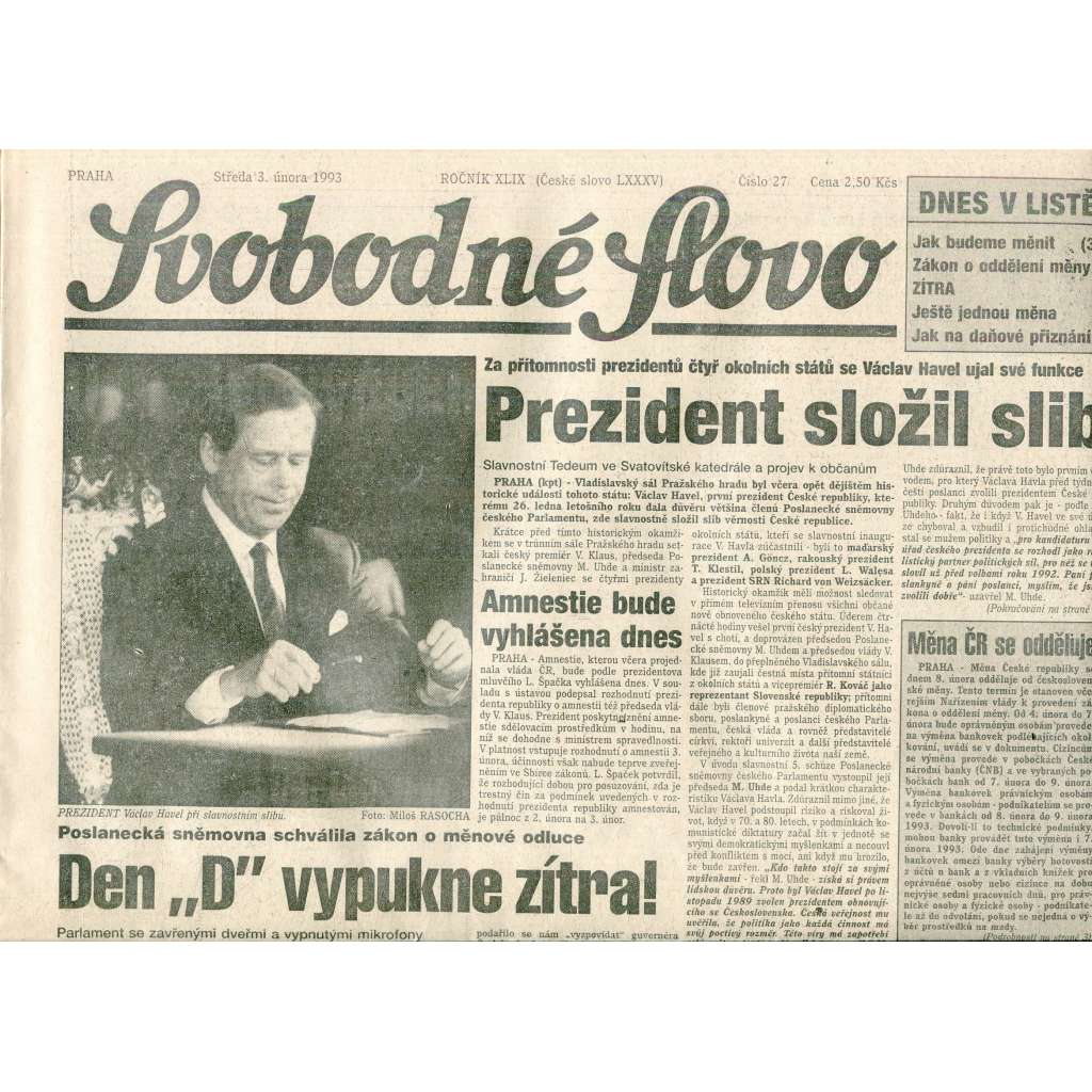 Svobodné slovo (3.2.1993) - staré noviny