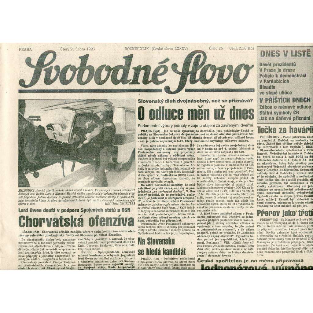 Svobodné slovo (2.2.1993) - staré noviny