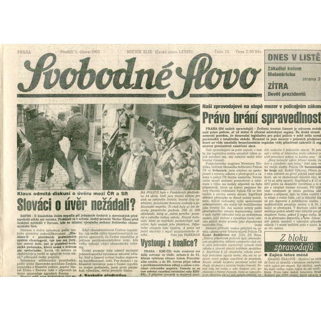 Svobodné slovo (1.2.1993) - staré noviny