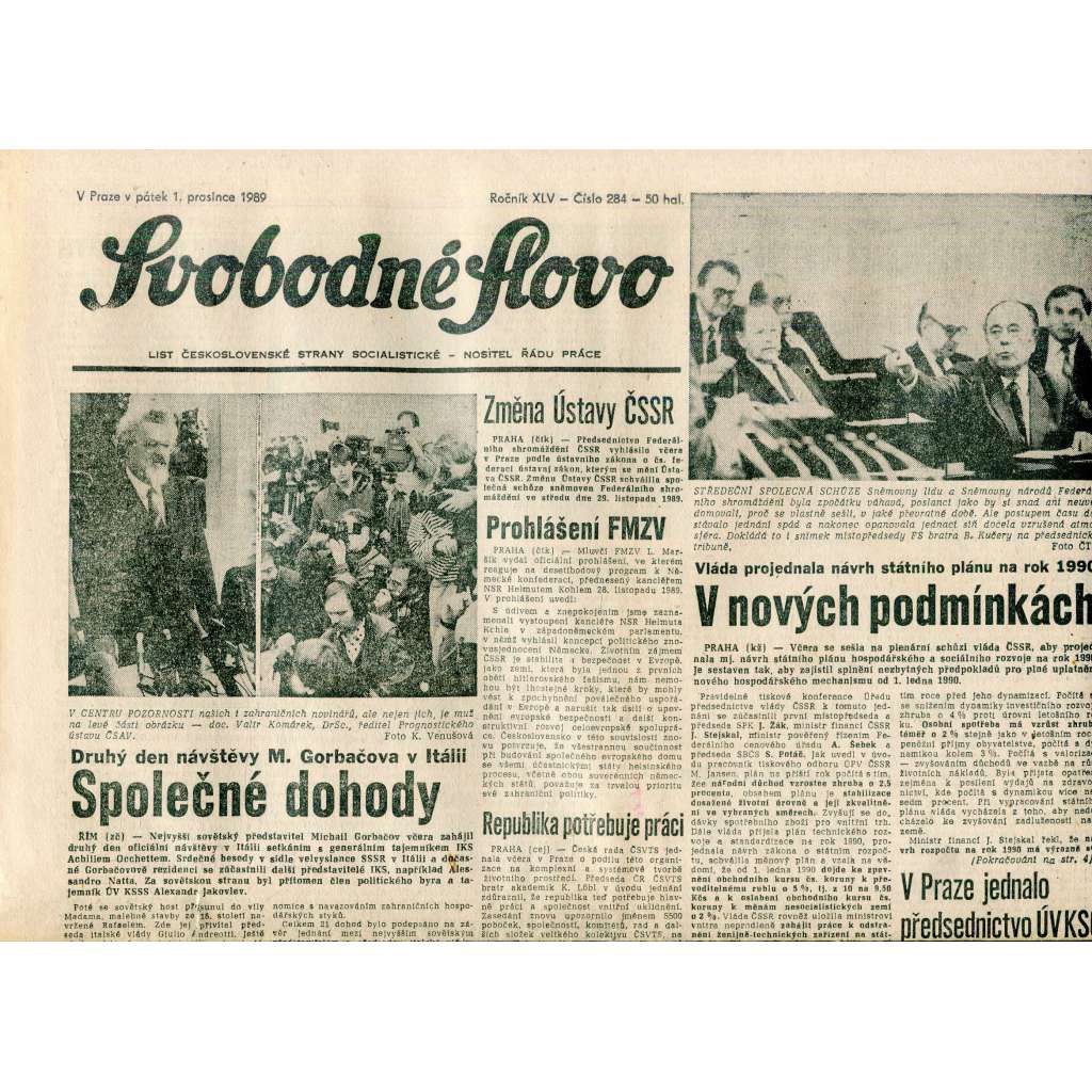 Svobodné slovo (1.12.1989) - staré noviny