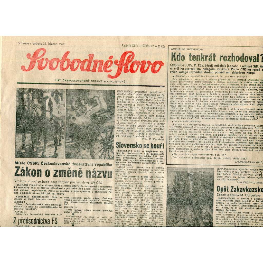 Svobodné slovo (31.3.1990) - staré noviny