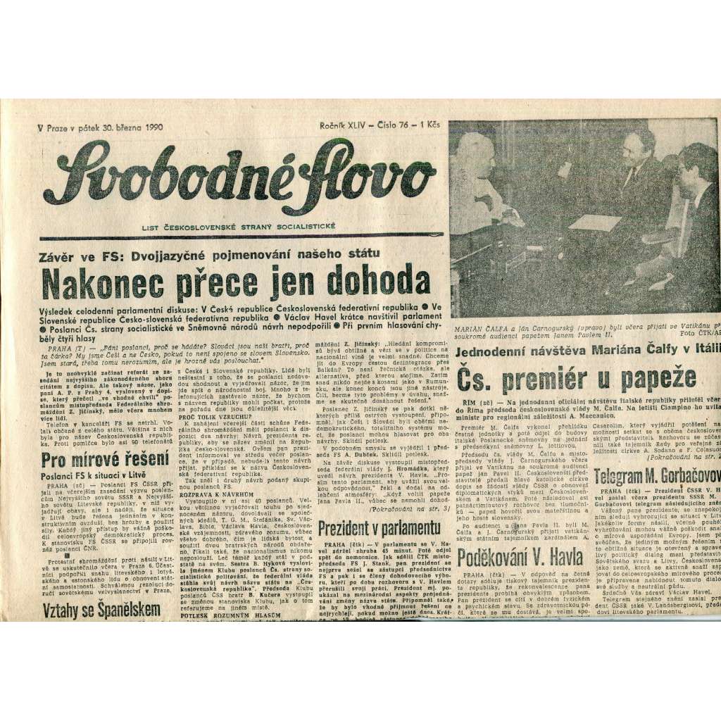 Svobodné slovo (30.3.1990) - staré noviny