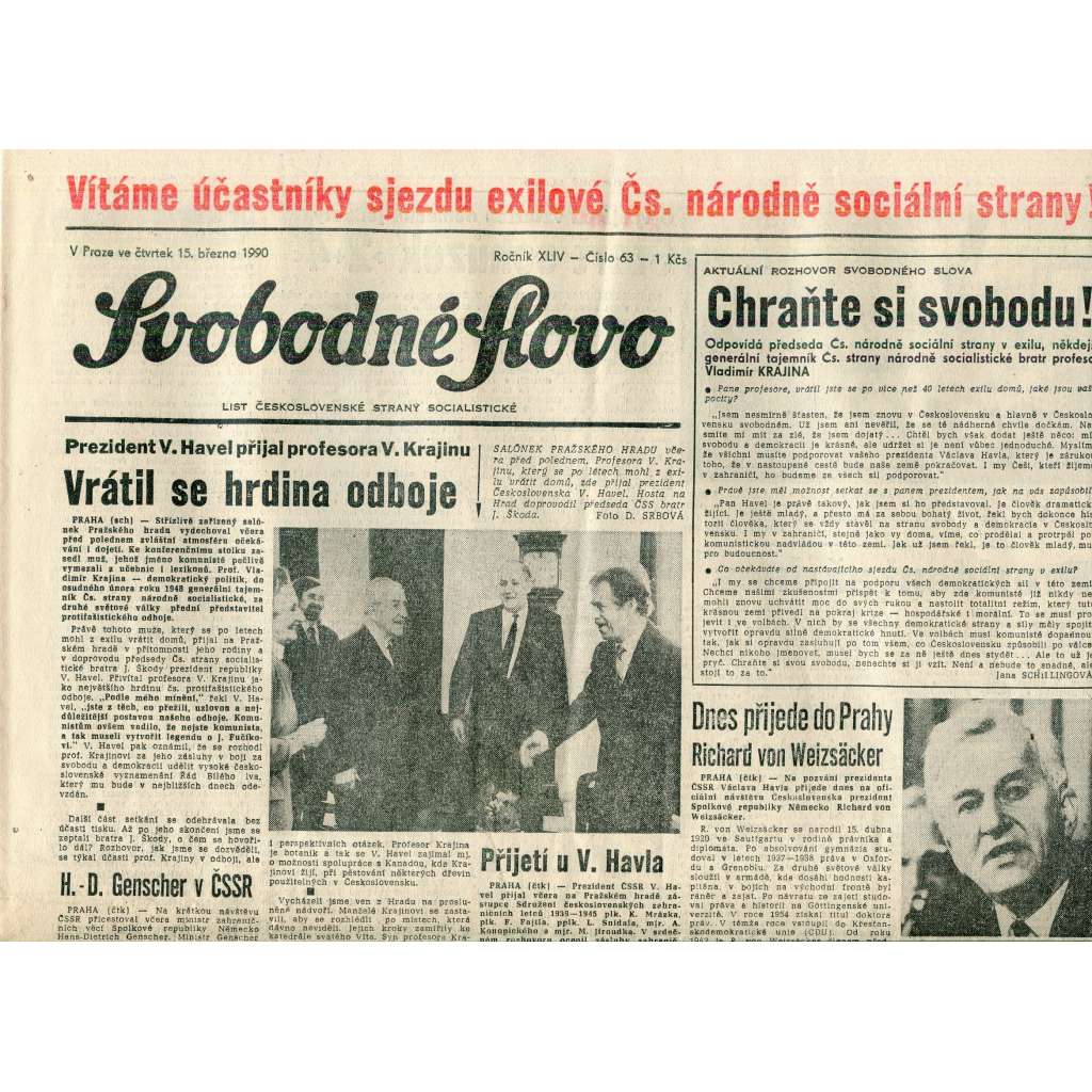 Svobodné slovo (15.3.1990) - staré noviny
