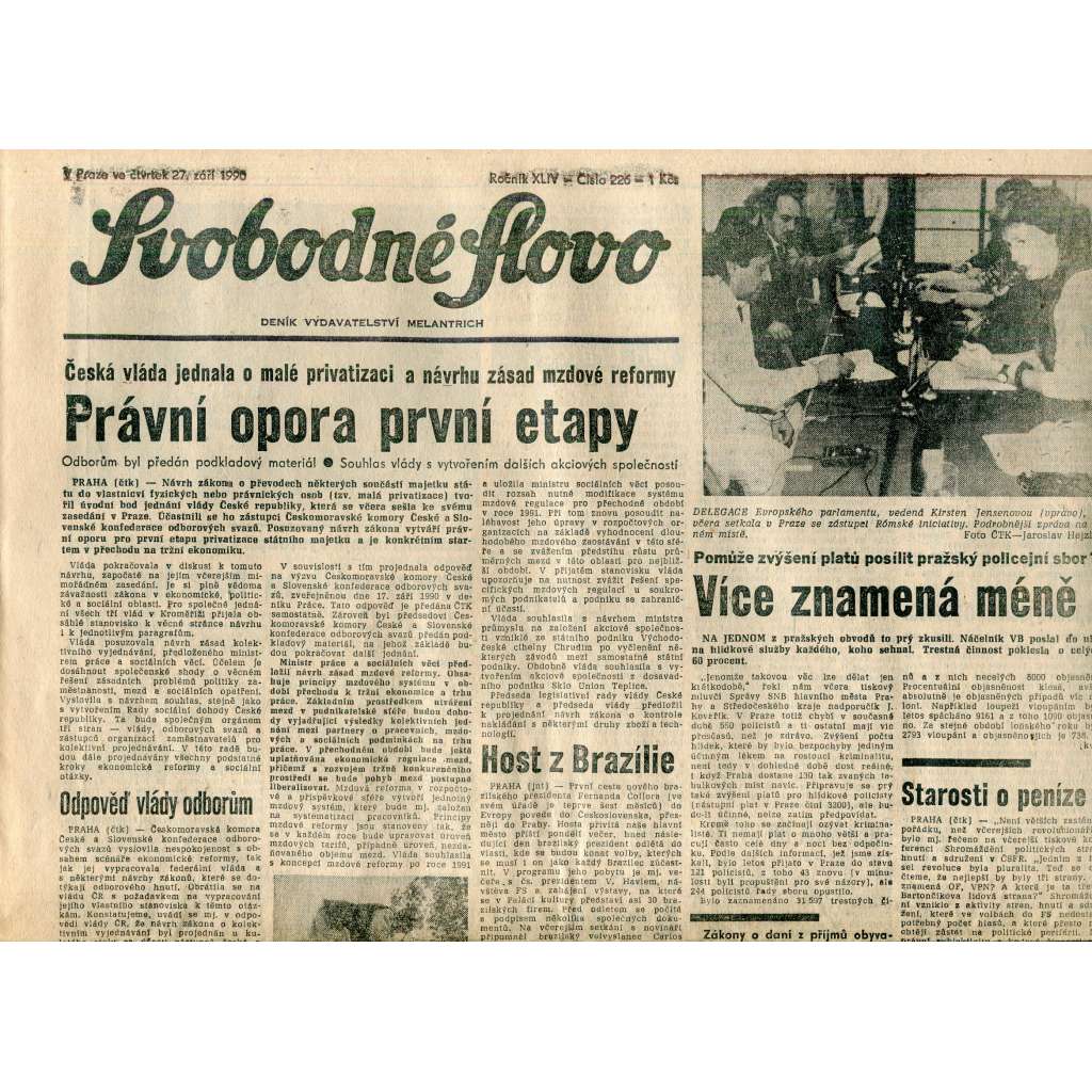 Svobodné slovo (27.9.1990) - staré noviny