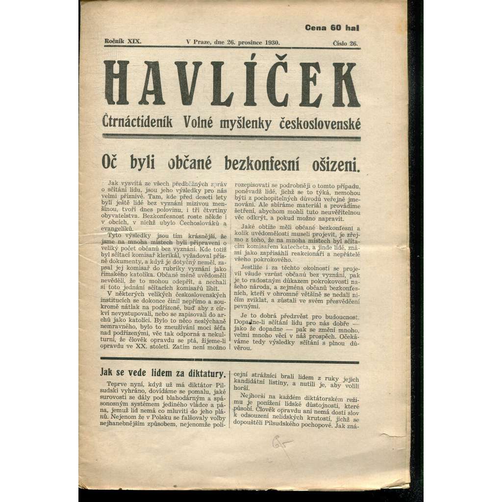 Havlíček, ročník XIX., číslo 26./1930 (časopis, noviny) Havlíček, ročník XIX., číslo 26./1930 (časopis, noviny)