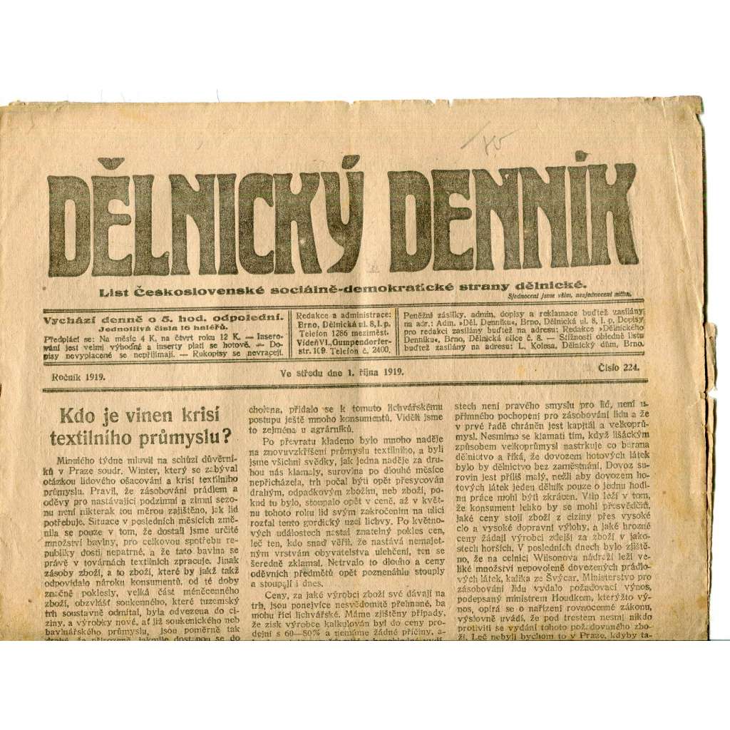 Dělnický denník, 1.10.1919 (1. republika, staré noviny) - Dělnický deník Dělnický denník, 1.10.1919 (1. republika, staré noviny) - Dělnický deník