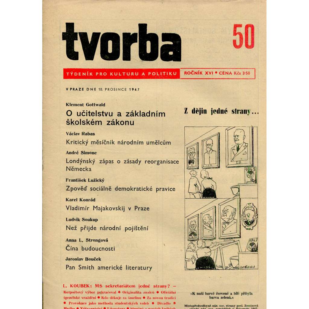 Tvorba, ročník XVI., číslo 50/1947 (10.12.1947) - Týdeník pro kulturu a politiku (časopis, noviny)