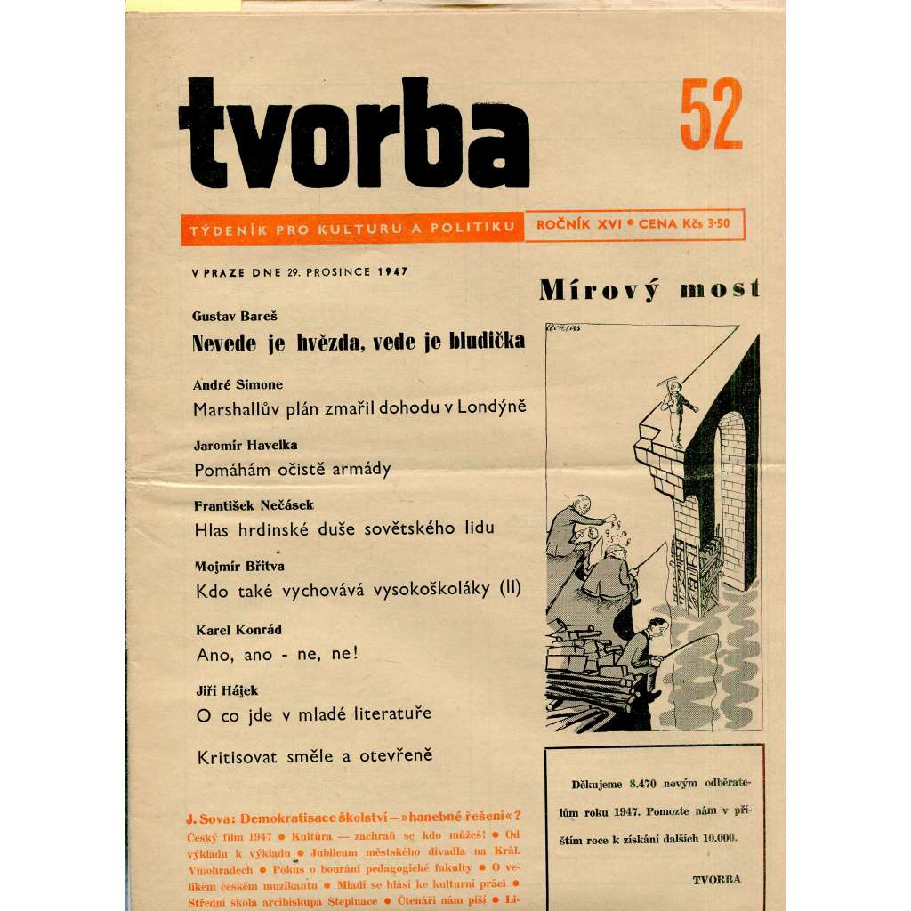 Tvorba, ročník XVI., číslo 52/1947 (29.12.1947) - Týdeník pro kulturu a politiku (časopis, noviny)