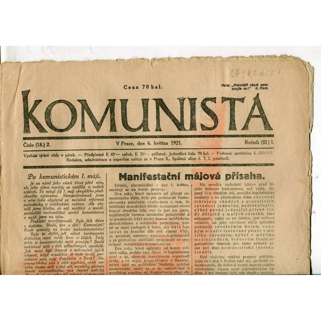 Komunista (6.5.1921) - staré noviny, 1. republika