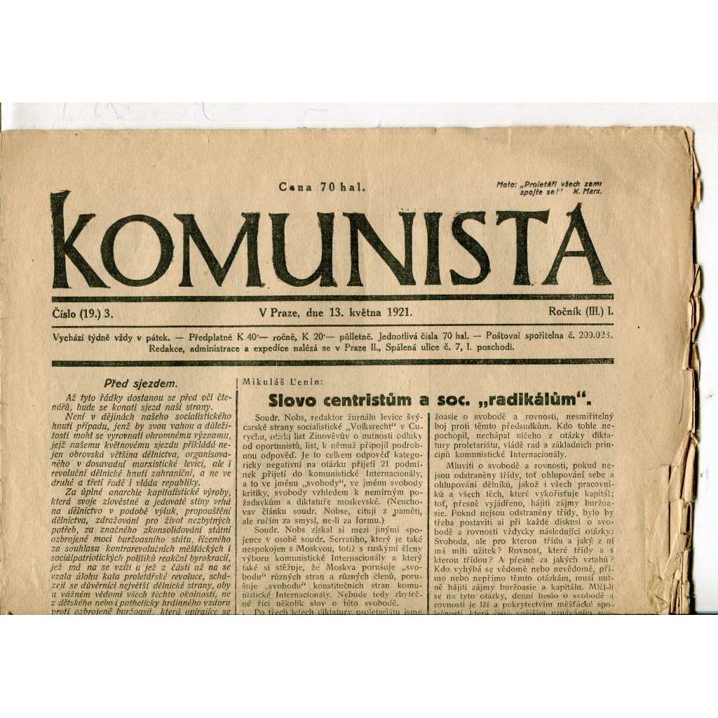 Komunista (13.5.1921) - staré noviny, 1. republika