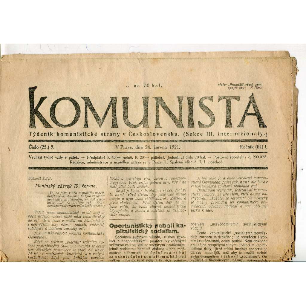 Komunista (24.6.1921) - staré noviny, 1. republika