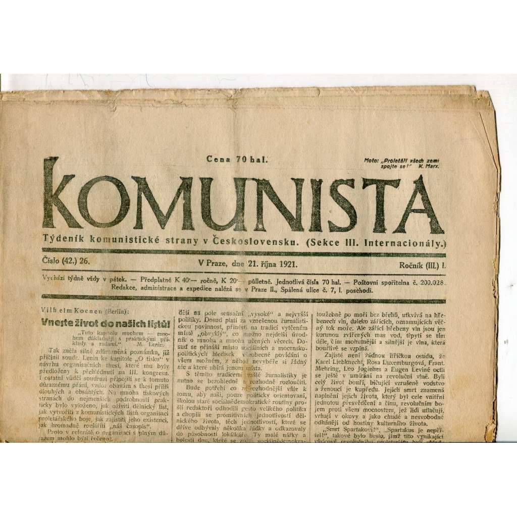 Komunista (21.10.1921) - staré noviny, 1. republika