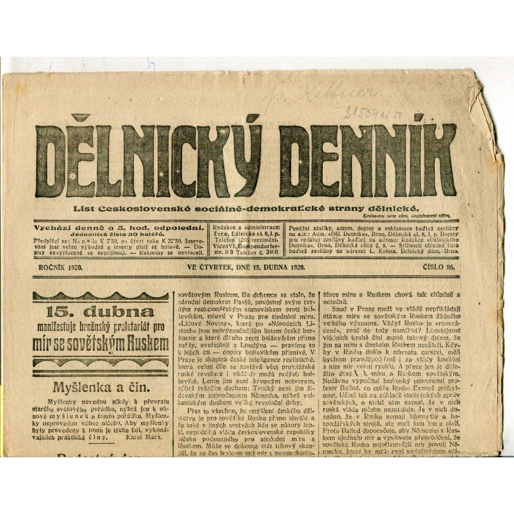 Dělnický denník (15.4.1920) 1. republika, staré noviny