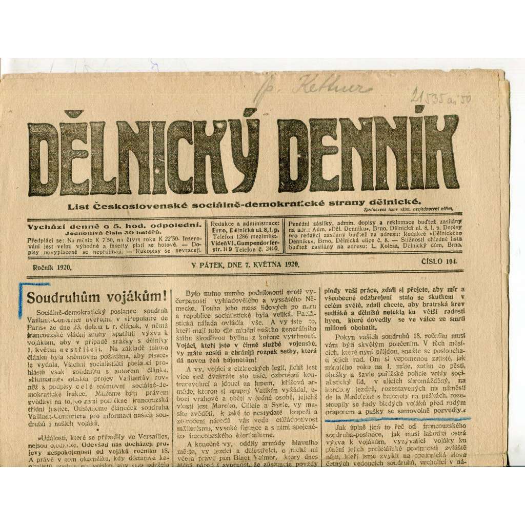 Dělnický denník (7.5.1920) 1. republika, staré noviny