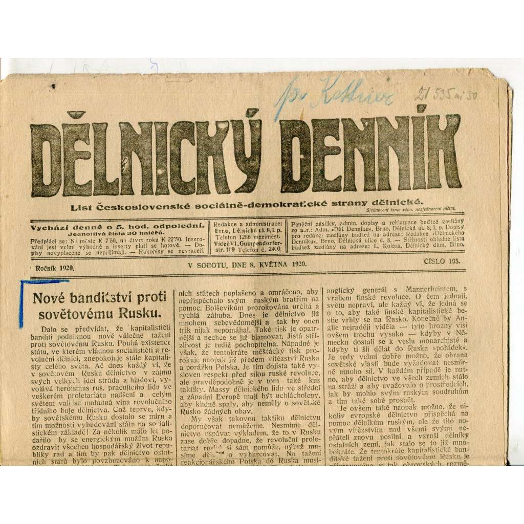 Dělnický denník (8.5.1920) 1. republika, staré noviny