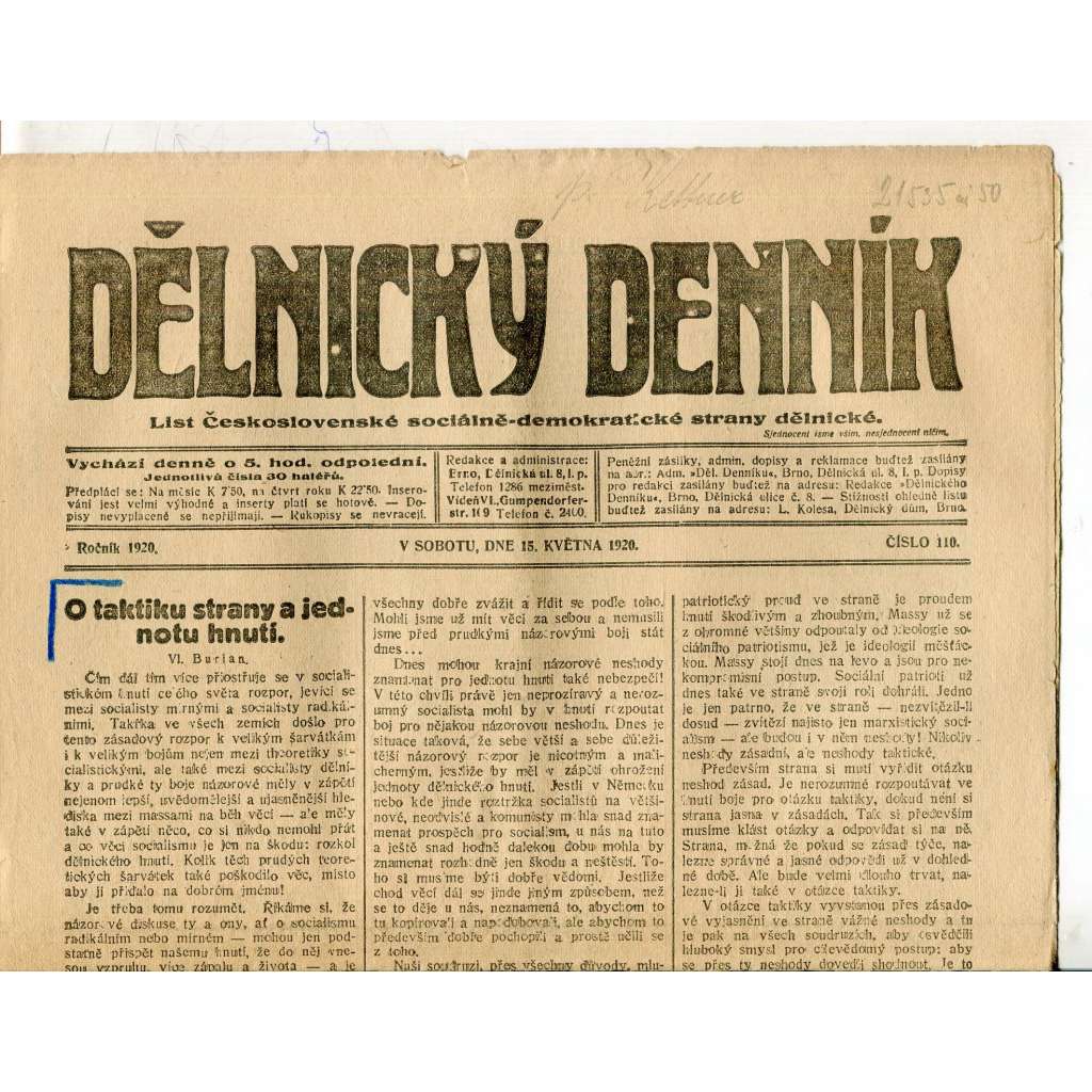 Dělnický denník (15.5.1920) 1. republika, staré noviny