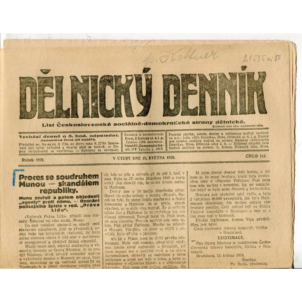 Dělnický denník (18.5.1920) 1. republika, staré noviny