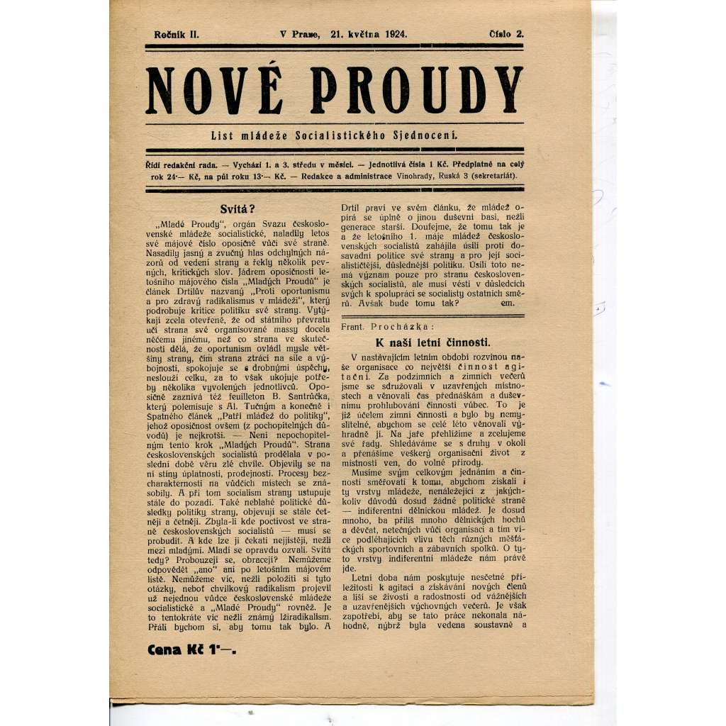 Nové proudy. List mládeže Socialistického Sjednocení (21.5.1924) - staré noviny, 1. republika
