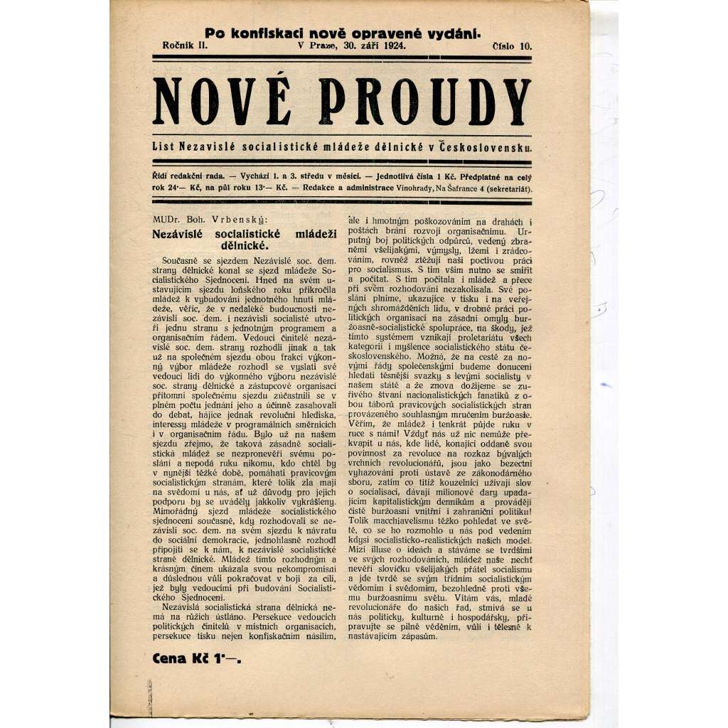 Nové proudy. List mládeže Socialistického Sjednocení (30.9.1924) - staré noviny, 1. republika