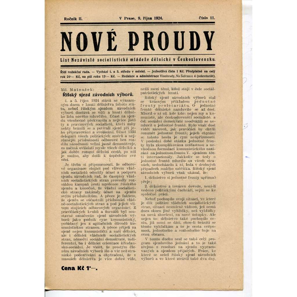 Nové proudy. List mládeže Socialistického Sjednocení (9.10.1924) - staré noviny, 1. republika Nové proudy. List mládeže Socialistického Sjednocení (9.10.1924) - staré noviny, 1. republika