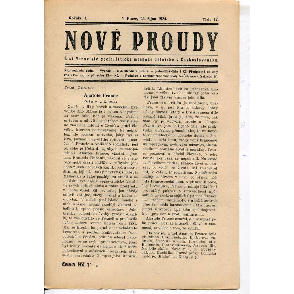 Nové proudy. List mládeže Socialistického Sjednocení (22.10.1924) - staré noviny, 1. republika Nové proudy. List mládeže Socialistického Sjednocení (22.10.1924) - staré noviny, 1. republika