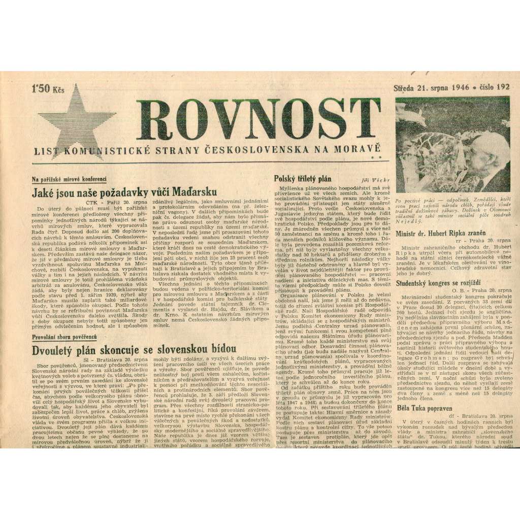 Rovnost (21.8.1946). List Komunistické strany Československa na Moravě (staré noviny)