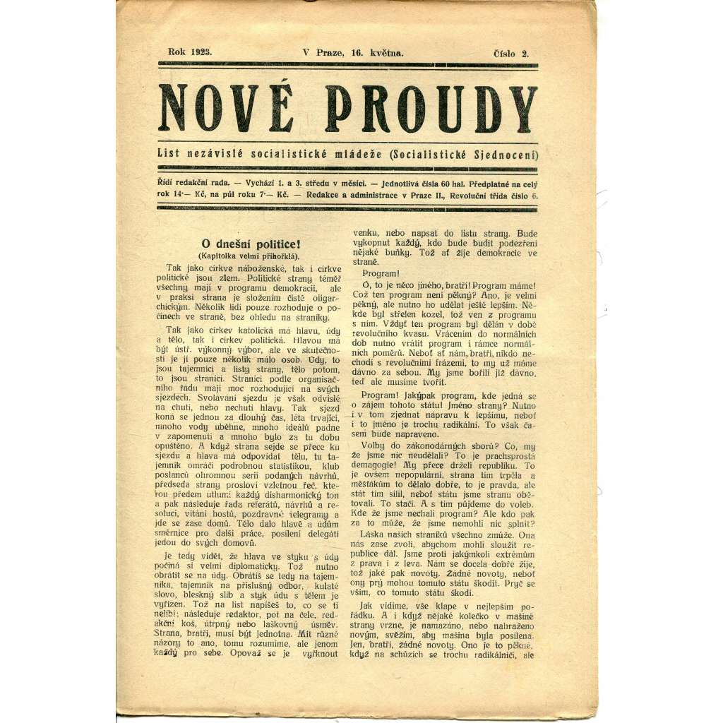 Nové proudy. List nezávislé socialistické mládeže (16.5./1923) - staré noviny, 1. republika