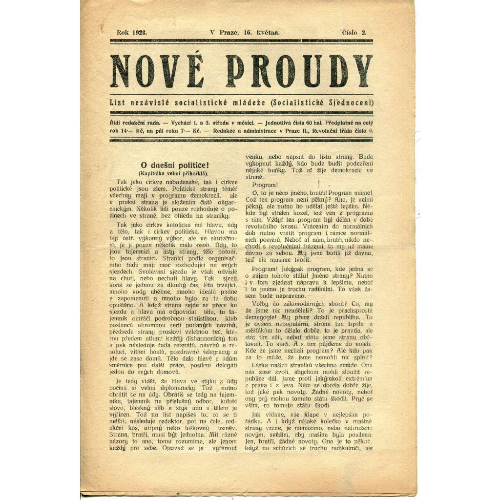 Nové proudy. List nezávislé socialistické mládeže (16.5./1923) - staré noviny, 1. republika