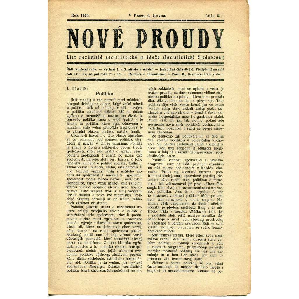 Nové proudy. List nezávislé socialistické mládeže (6.6./1923) - staré noviny, 1. republika