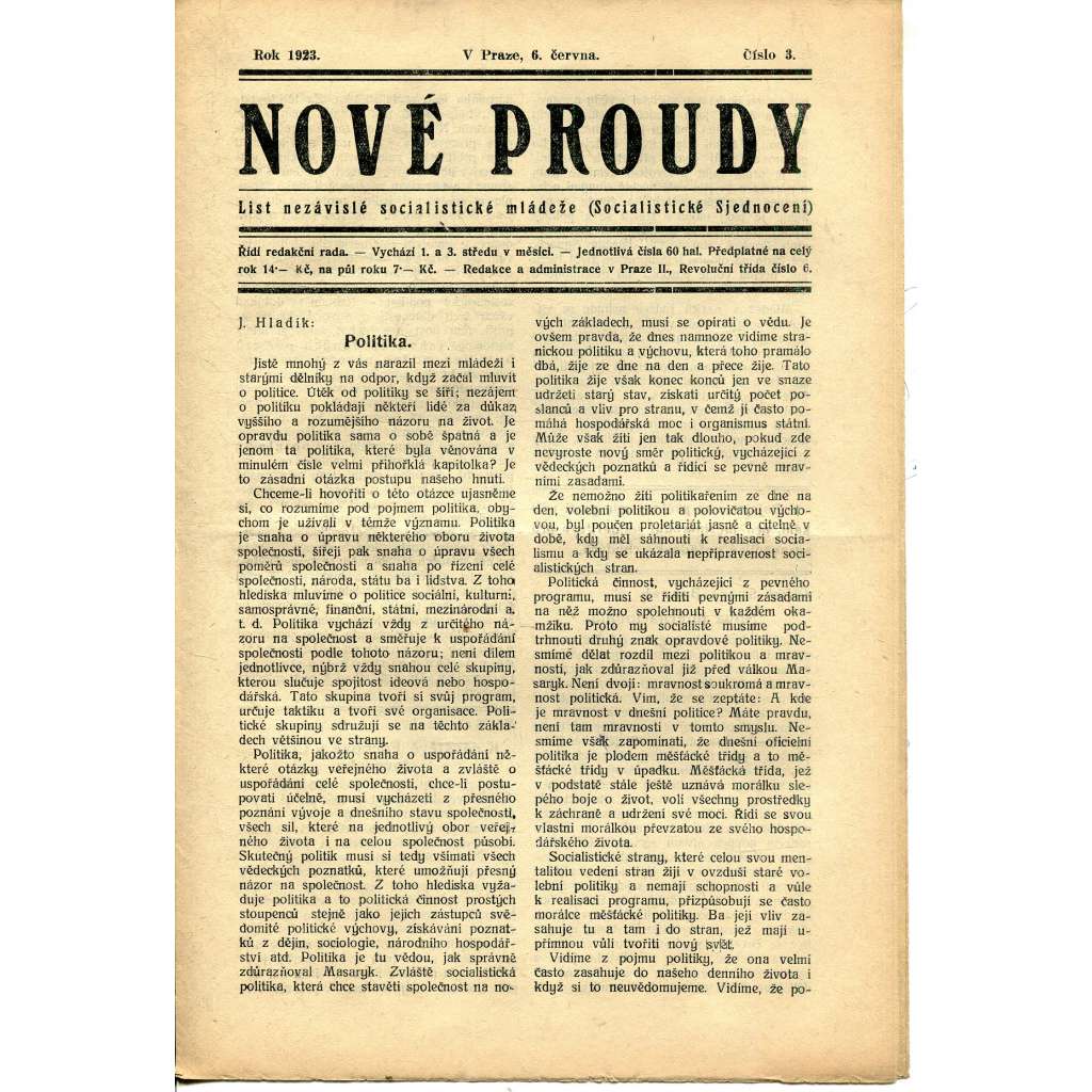 Nové proudy. List nezávislé socialistické mládeže (6.6./1923) - staré noviny, 1. republika