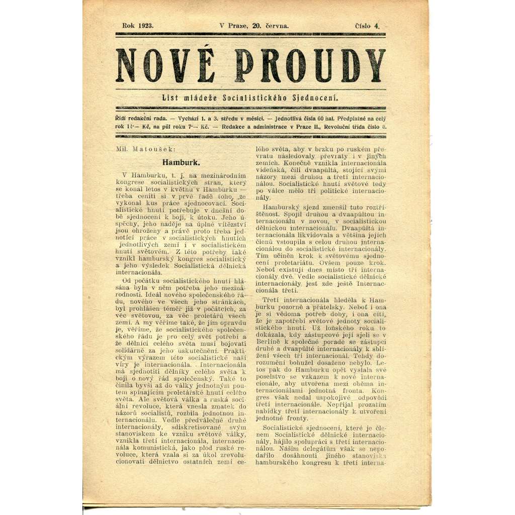 Nové proudy. List mládeže Socialistického Sjednocení (20.6./1923) - staré noviny, 1. republika