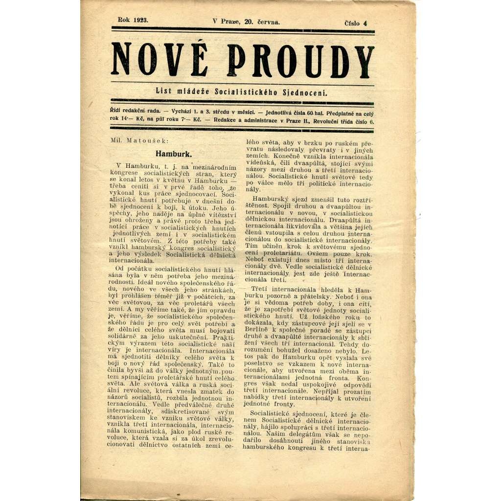 Nové proudy. List mládeže Socialistického Sjednocení (20.6./1923) - staré noviny, 1. republika