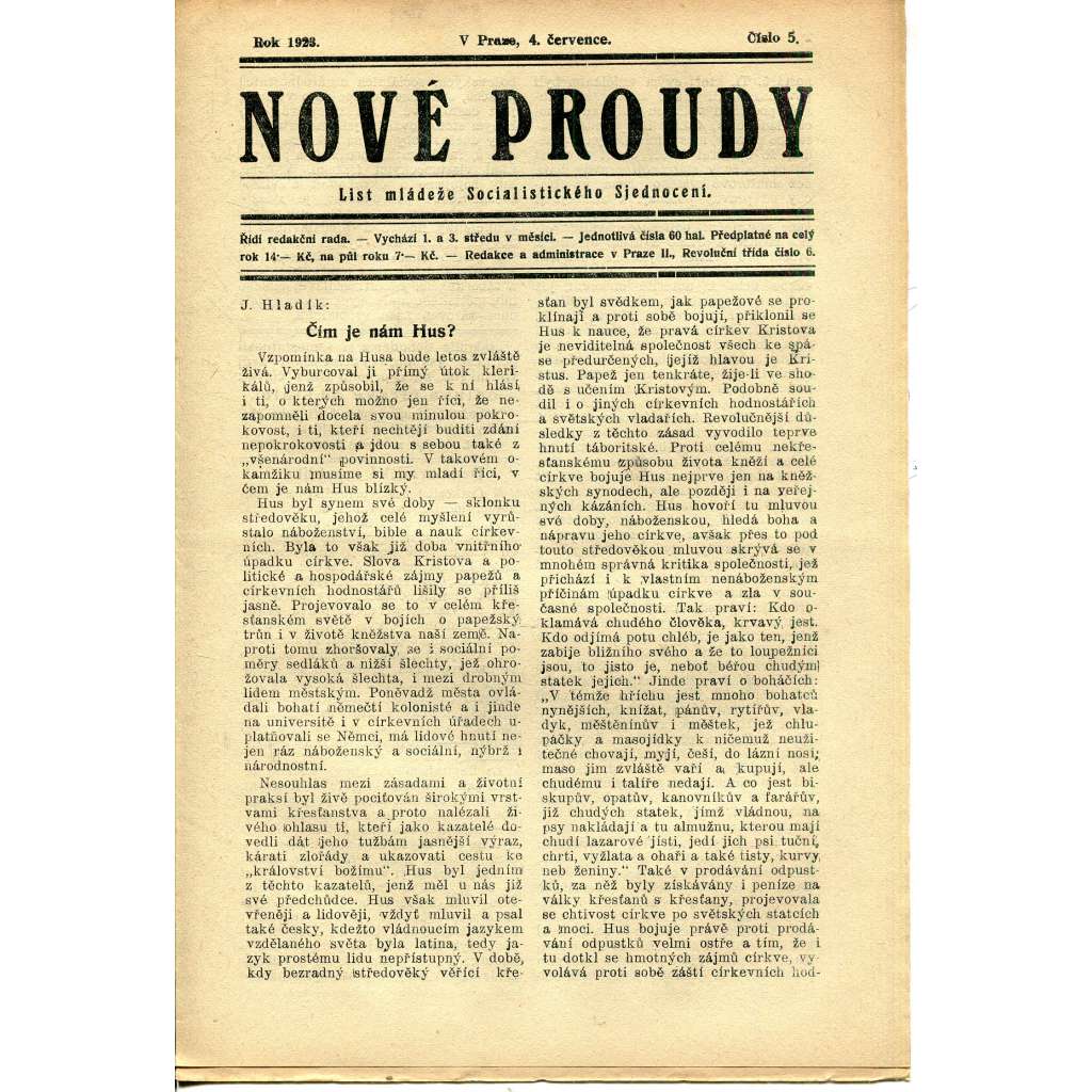 Nové proudy. List mládeže Socialistického Sjednocení (4.7./1923) - staré noviny, 1. republika