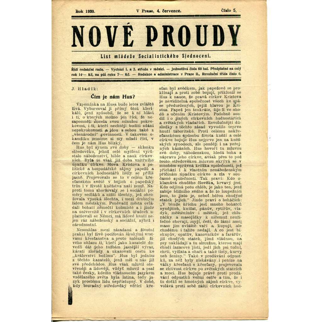 Nové proudy. List mládeže Socialistického Sjednocení (4.7./1923) - staré noviny, 1. republika