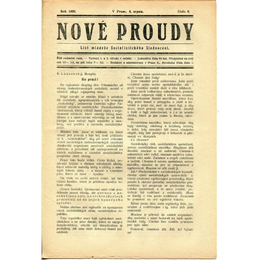 Nové proudy. List mládeže Socialistického Sjednocení (4.8./1923) - staré noviny, 1. republika