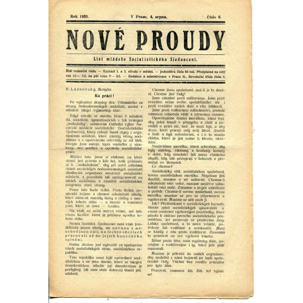 Nové proudy. List mládeže Socialistického Sjednocení (4.8./1923) - staré noviny, 1. republika