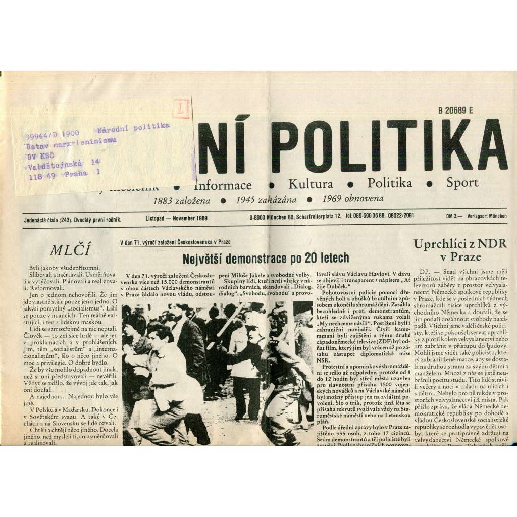 Národní politika (listopad 1989) - noviny, exil
