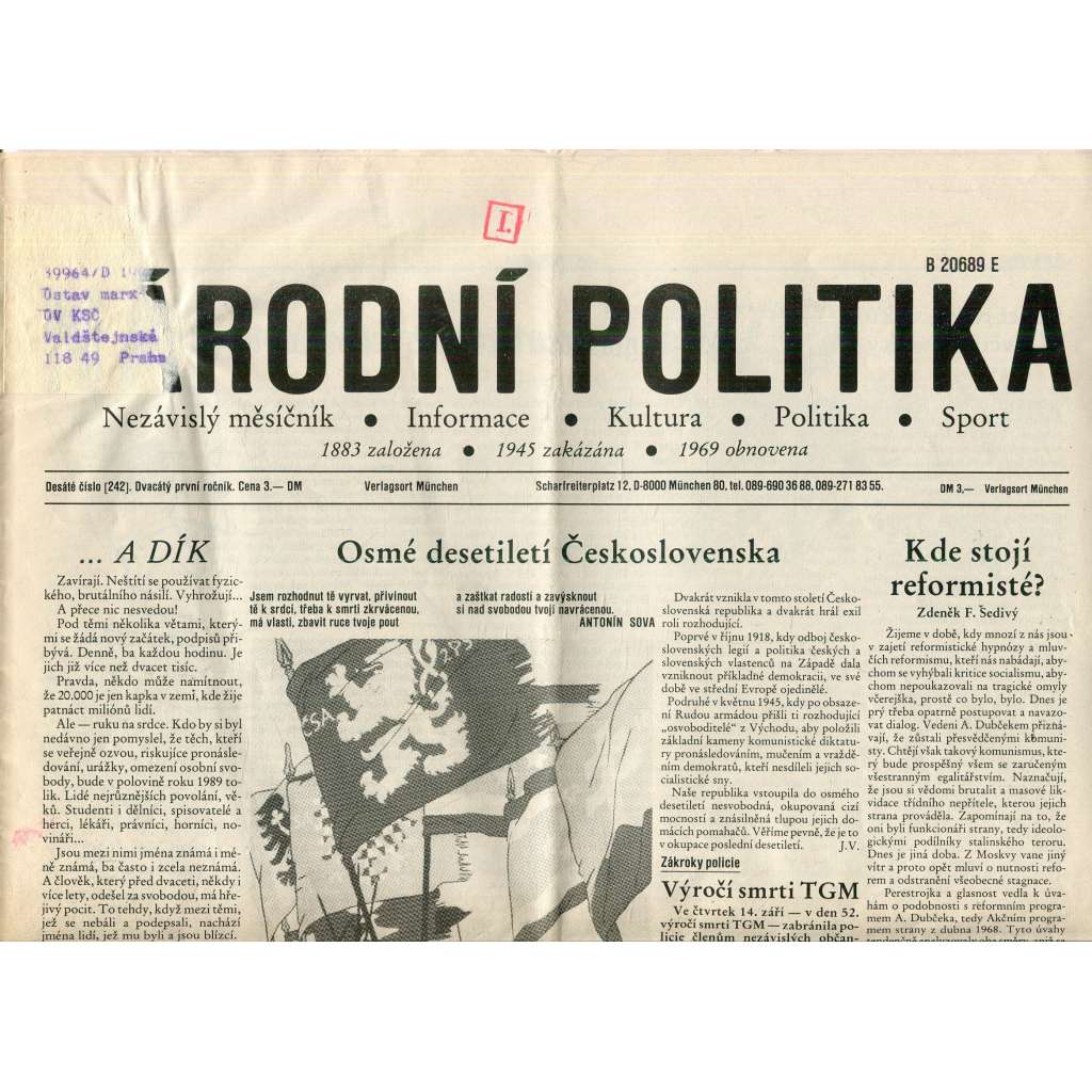 Národní politika (říjen 1989) - noviny, exil