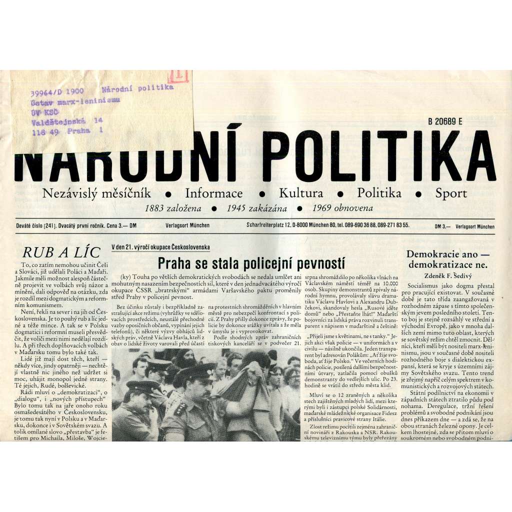 Národní politika (září 1989) - noviny, exil