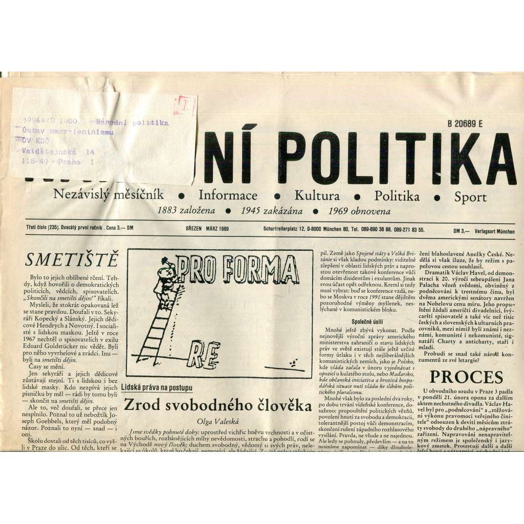 Národní politika (Březen 1989) - noviny, exil
