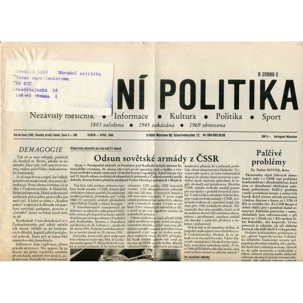 Národní politika (Duben 1990) - noviny, exil