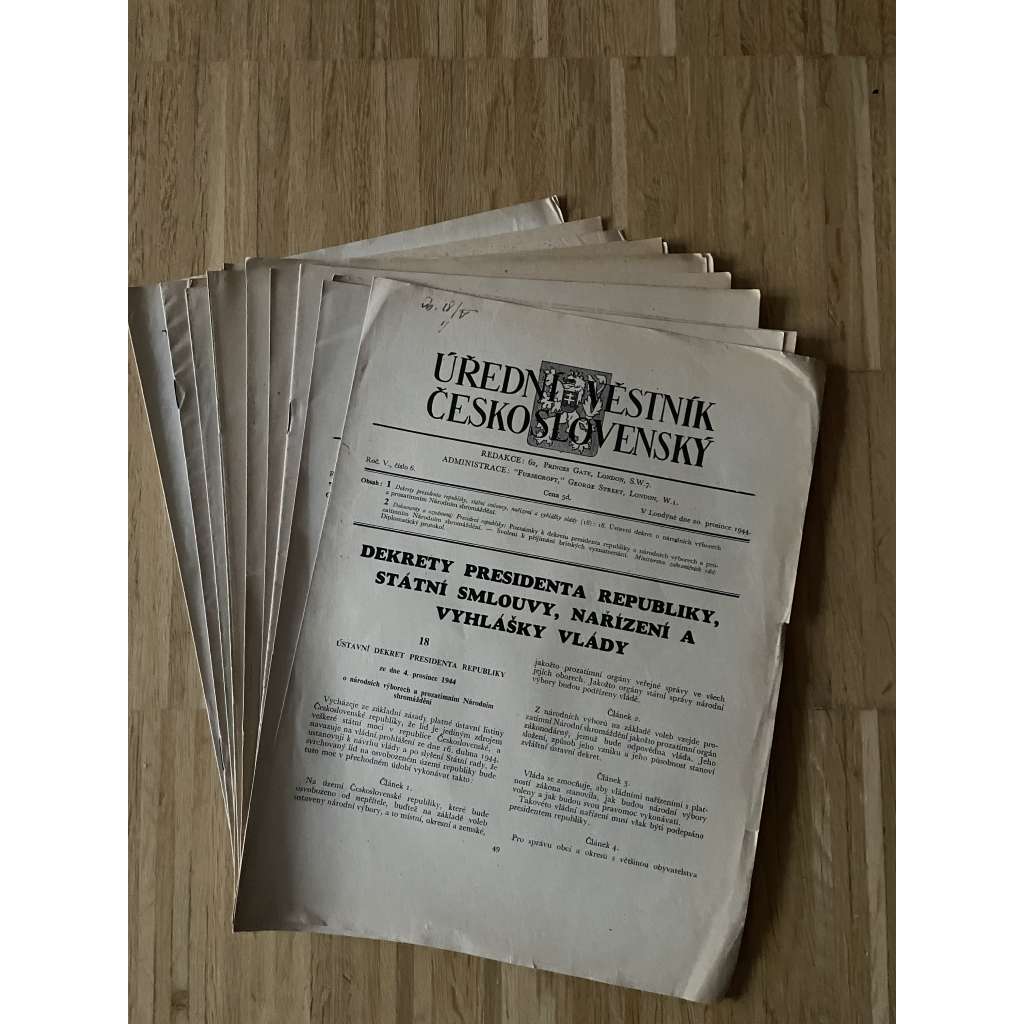 Úřední věstník československý, 1940-1944 (exil, Londýn, časopis, noviny) - konvolut čísel
