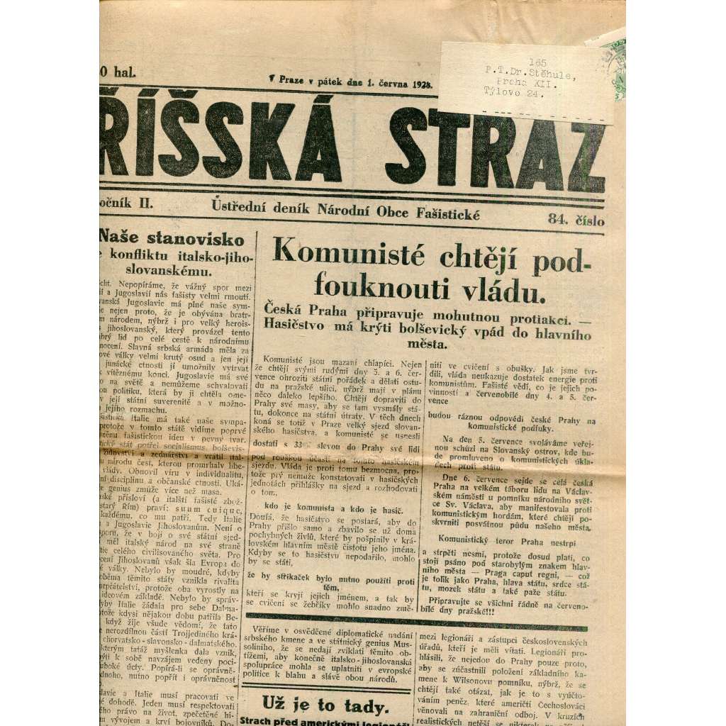 Říšská stráž (1.6.1928) Ústřední deník Národní obce fašistické (staré noviny, fašisté, 1. republika)