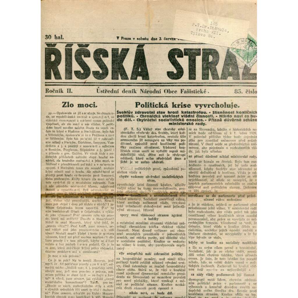 Říšská stráž (2.6.1928) Ústřední deník Národní obce fašistické (staré noviny, fašisté, 1. republika)