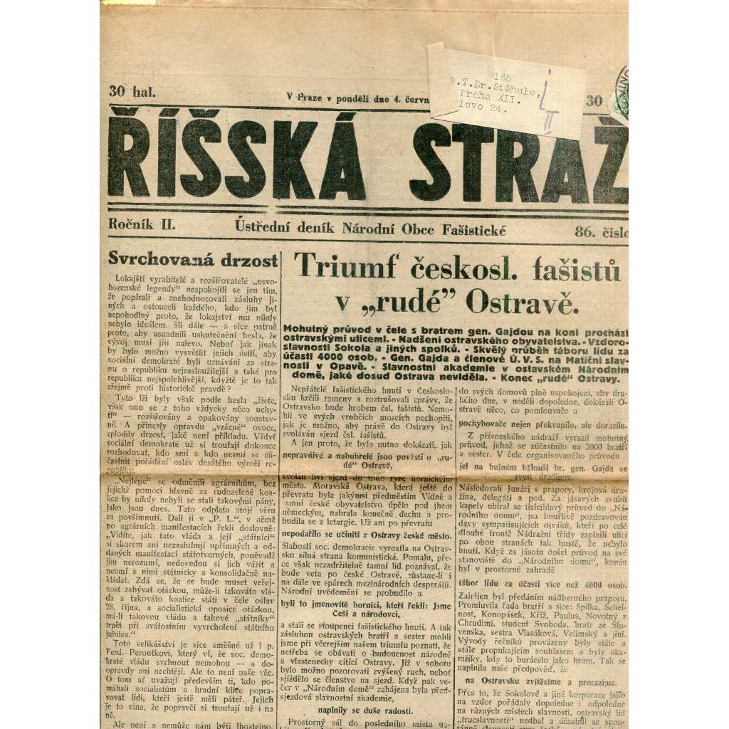 Říšská stráž (4.6.1928) Ústřední deník Národní obce fašistické (staré noviny, fašisté, 1. republika)
