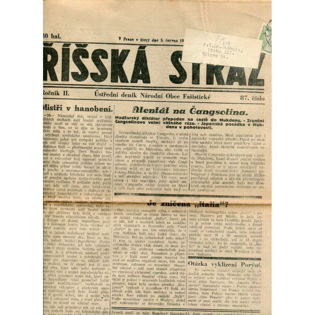 Říšská stráž (5.6.1928) Ústřední deník Národní obce fašistické (staré noviny, fašisté, 1. republika)