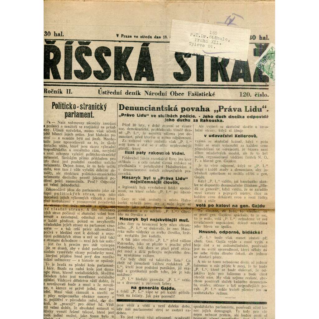 Říšská stráž (18.7.1928) Ústřední deník Národní obce fašistické (staré noviny, fašisté, 1. republika)