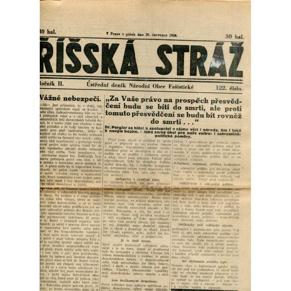 Říšská stráž (20.7.1928) Ústřední deník Národní obce fašistické (staré noviny, fašisté, 1. republika)
